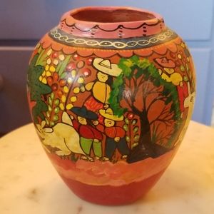 Mexican red clay hand painted pastoral small vase pot